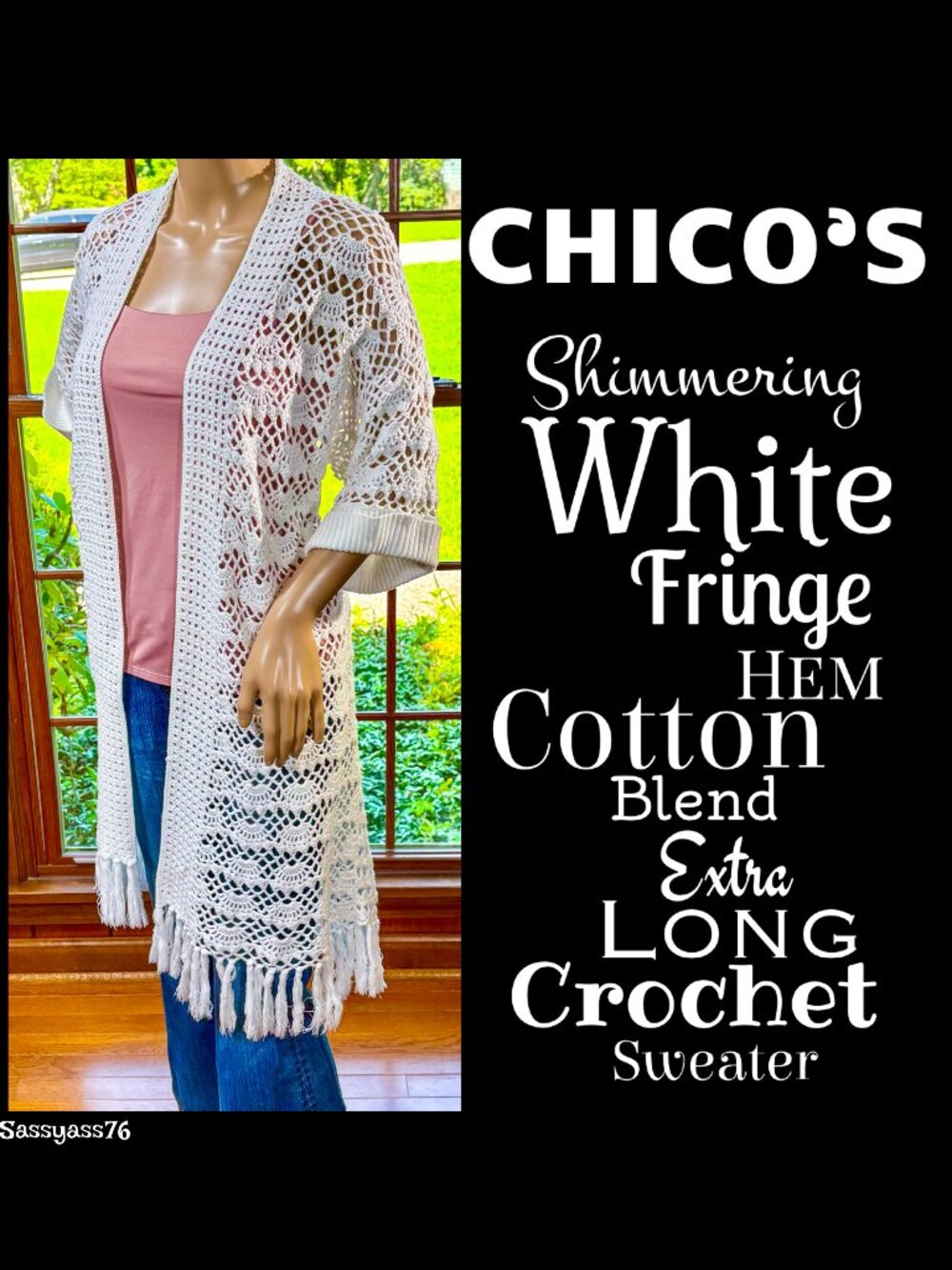 🆕CHICO'S▪️Shimmering White Fringe Hem Cotton Blend Crochet Short Sleeve Sweater